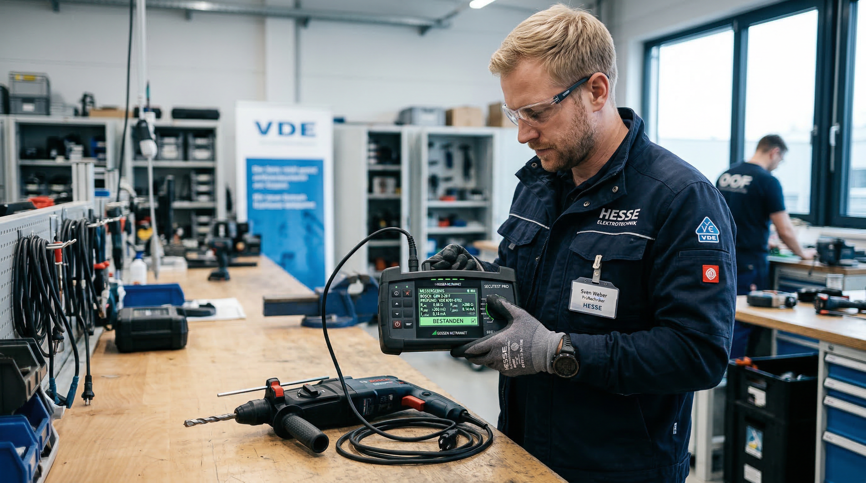 Prüfung eines Elektrogeräts mit VDE-Prüfgerät