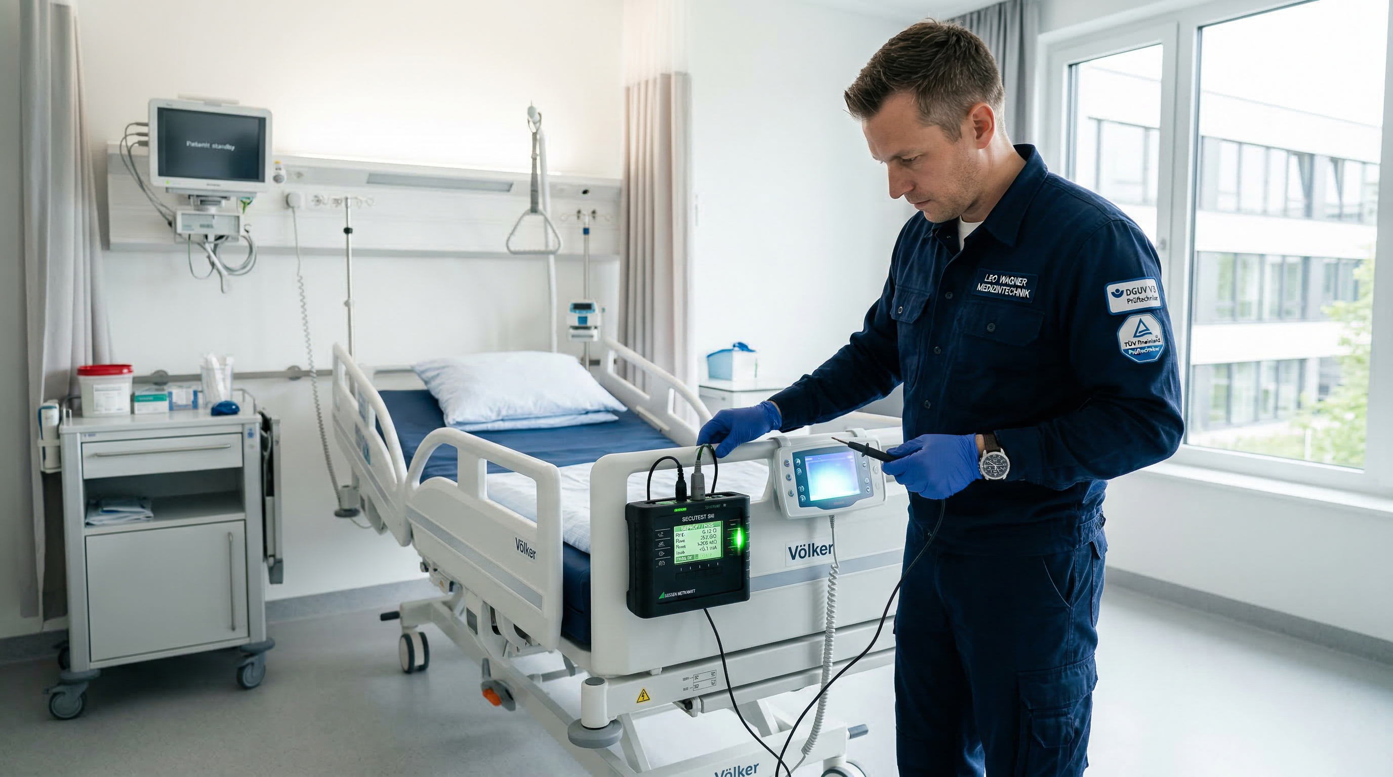 Prüfung eines Pflegebetts in einer Klinik